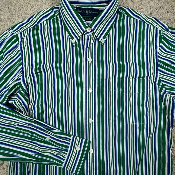 Ralph Lauren Button Up Shirt Custom Fit Cotton Small Green Blue White Striped - Picture 2 of 8